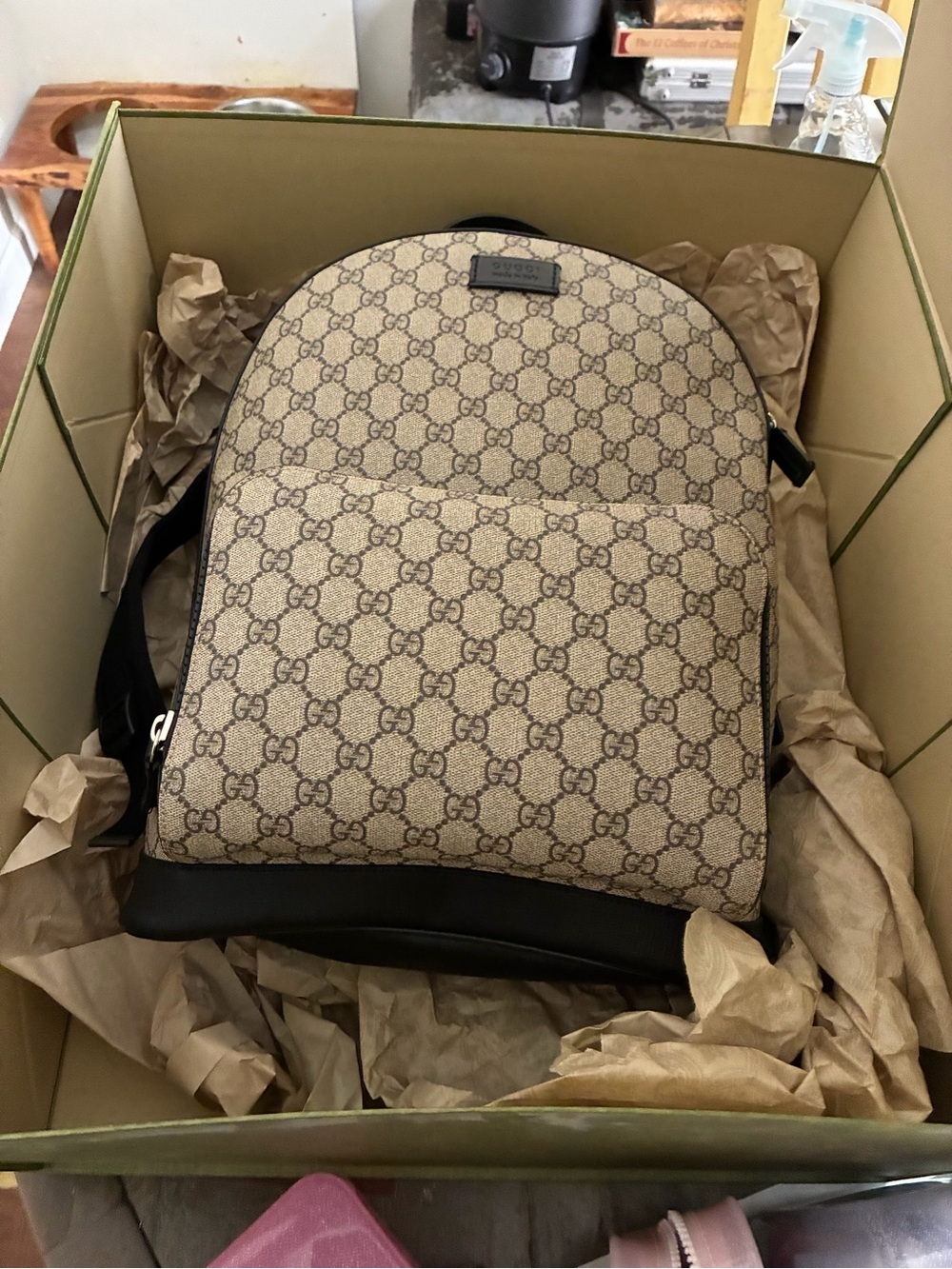 Authentic Gucci GG Supreme Large Backpack Beige Black 406370 Made in Italy